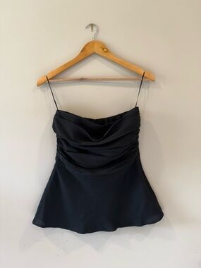 Reformation Kelra Top Black Size 4 Side Zip Strapless Ruche Flared Bottom